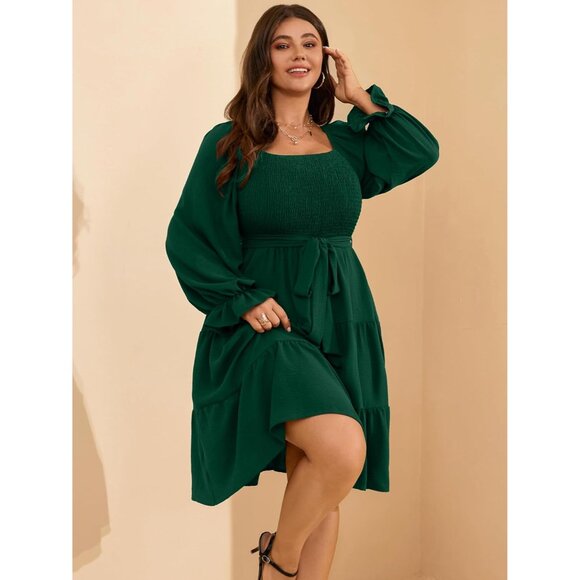 Plus Size Fall Dress Women Long Sleeve Smocked Square Neck A-Line Party - Picture 3 of 8